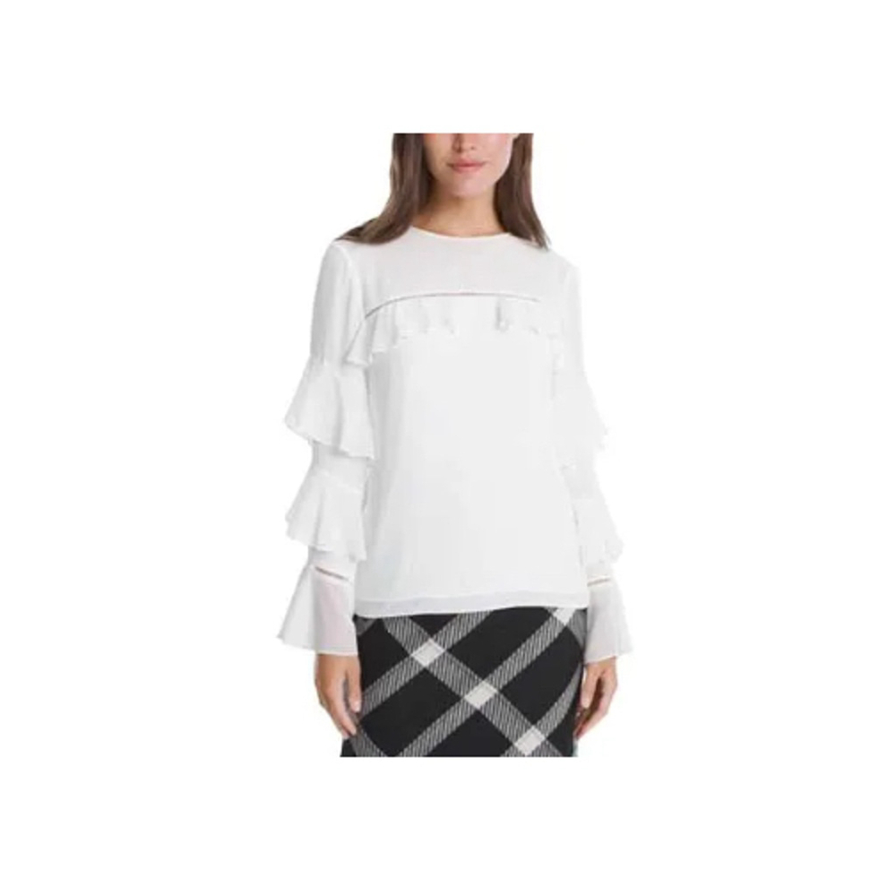 White House Black Market Ruffle Tiered Sleeve Blouse Top White Size 2